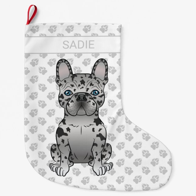 Grande Chaussette De Noël Blue Merle French Bulldog Frenchie Cute Dog & Name (Devant)