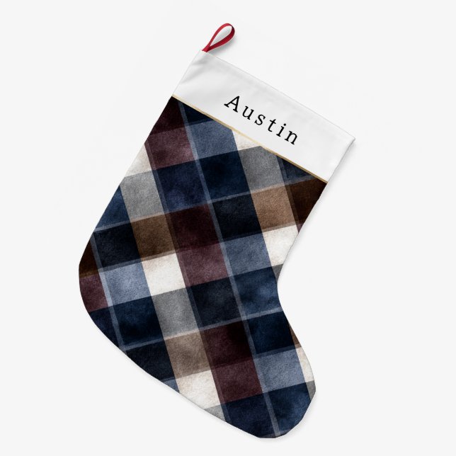 Grande Chaussette De Noël Blue Red Grey White Squares   (Devant (Accrochage))