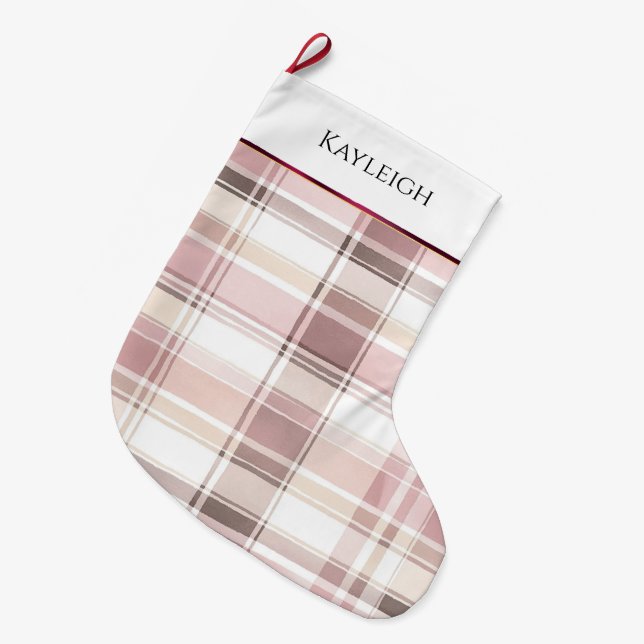 Grande Chaussette De Noël Blush rose blanc bordeaux rayures plaid Noël (Devant (Accrochage))