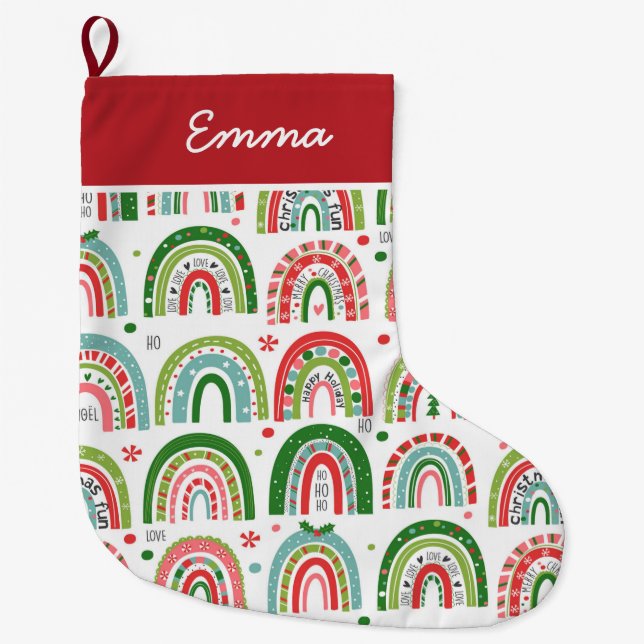 Grande Chaussette De Noël Boho Christmas Rainbow's Name Monogram (Devant)
