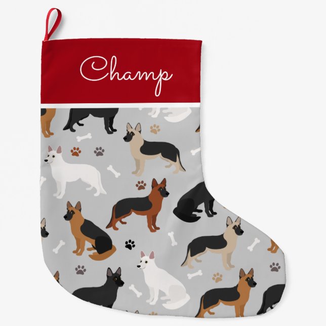 Grande Chaussette De Noël Bones bergers allemands et pattes Nom personnalisé (Devant)