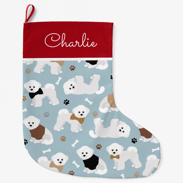 Grande Chaussette De Noël Bones et pattes Bichon Frise (Devant)