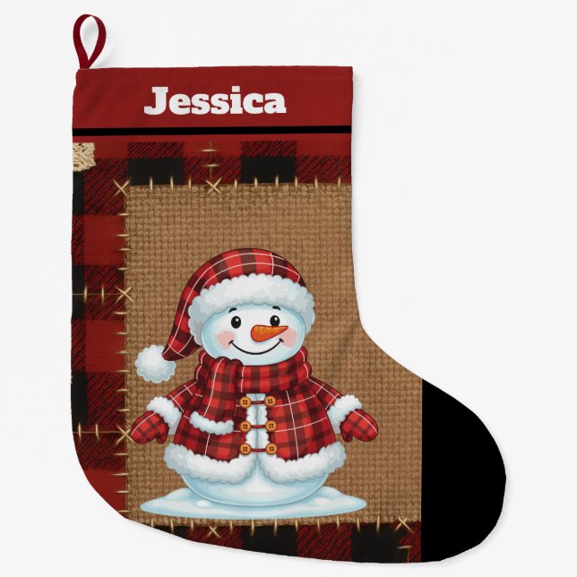 Grande Chaussette De Noël Bonhomme de neige personnalisé à carreaux de bison (Devant)
