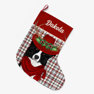Grande Chaussette De Noël Border Collie and Western Plaid with Dog's Name