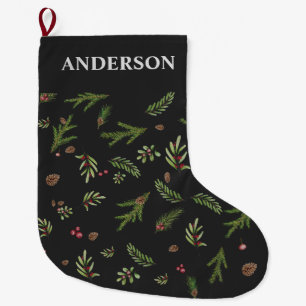 Grande Chaussette De Noël Botanique noire élégant cadeau familial moderne