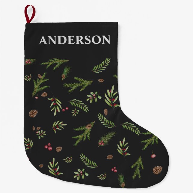 Grande Chaussette De Noël Botanique noire élégant cadeau familial moderne (Devant)