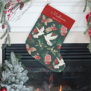 Grande Chaussette De Noël Botanique Vert et Rouge Oiseaux Doses motif floral