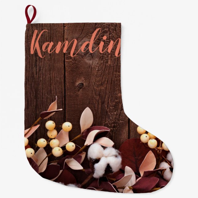 Grande Chaussette De Noël Branche de coton de stockage personnalisée sur boi (Devant)