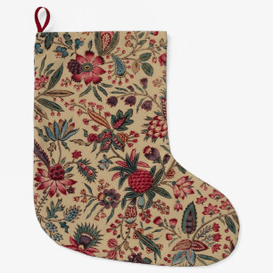 Grande Chaussette De Noël Broderie Florale Ancienne de Décoration d'Ameublem