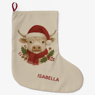 Grande Chaussette De Noël Broderie rustique Highland Cow avec Santa Hat
