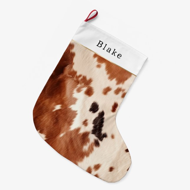 Grande Chaussette De Noël Brown Cream Southwest Cowhide Christmas (Devant (Accrochage))