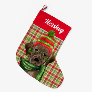 Grande Chaussette De Noël Brown Labrador Retriever Red Plaid avec le nom du