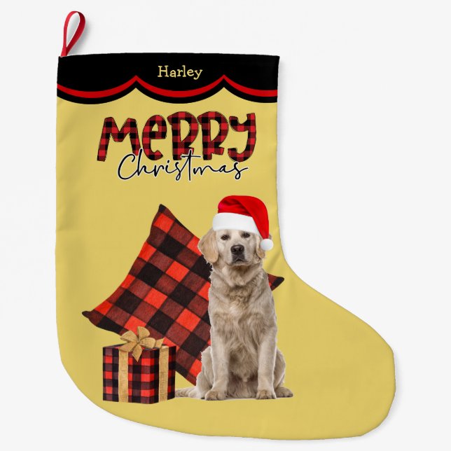 Grande Chaussette De Noël Buffalo Plaid Golden Retriever Dog (Devant)