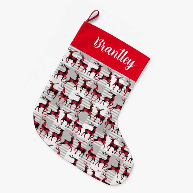 Grande Chaussette De Noël Buffalo Plaid Reindees sur le Buffalo Gris Plaid (Devant (Accrochage))