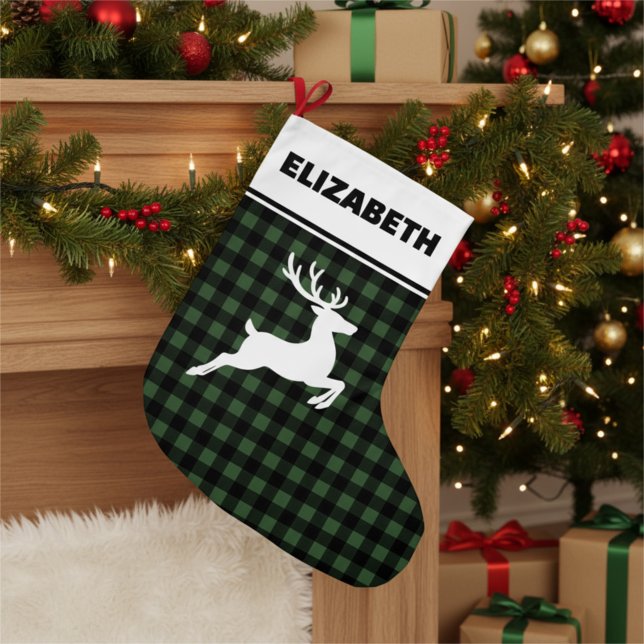 Grande Chaussette De Noël Buffle vert et noir plaqué avec Reindeer personnal (Créateur téléchargé)