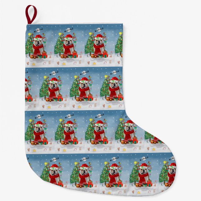 Grande Chaussette De Noël Bulldog anglais en neige avec cadeaux de Noël (Devant)