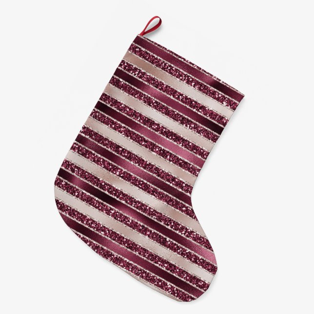 Grande Chaussette De Noël Burgundy Red Pink Rose Gold Glitter Stripes       (Devant (Accrochage))