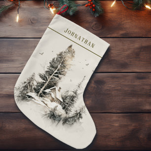 Grande Chaussette De Noël Cabane de campagne d'hiver à l'aquarelle rustique