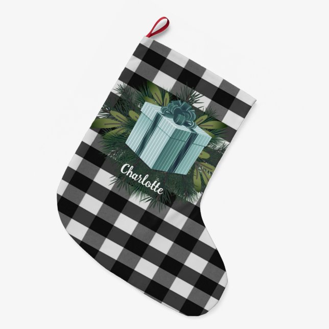 Grande Chaussette De Noël Cadeau de Noël Plaid Buffalo | TURQUOISE (Devant (Accrochage))