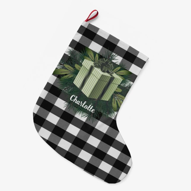 Grande Chaussette De Noël Cadeau de Noël Plaid Buffalo | Vert (Devant (Accrochage))