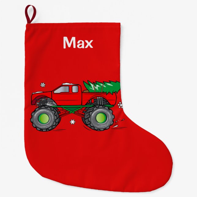 Grande Chaussette De Noël Camion de monstre transportant l'arbre de Noël : (Devant)