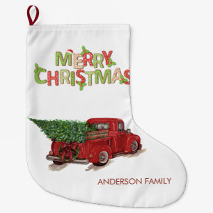 Grande Chaussette De Noël Camion rouge aquarelle sapin Joyeux Noël