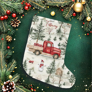 Grande Chaussette De Noël Camion rouge avec cadeaux et bonhomme de neige