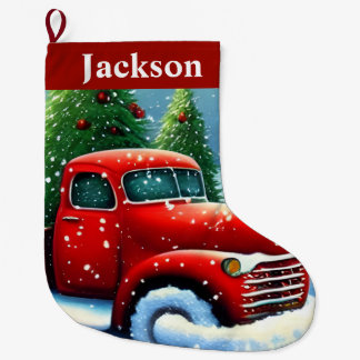 Grande Chaussette De Noël Camion rouge vintage et arbres de Noël belle neige