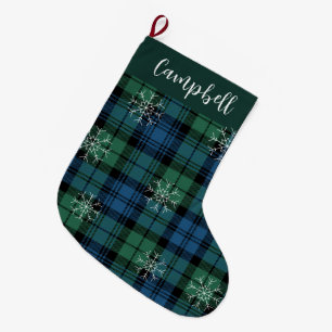 Grande Chaussette De Noël Campbell Tartan Green Blue Snowflakes Russe Plaid