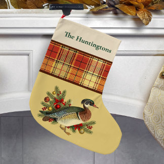 Grande Chaussette De Noël Canard branchu avec verdure festive de fêtes et ca