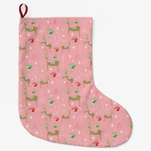 Grande Chaussette De Noël Cerfs mignons avec des sapins et des flocons de ne