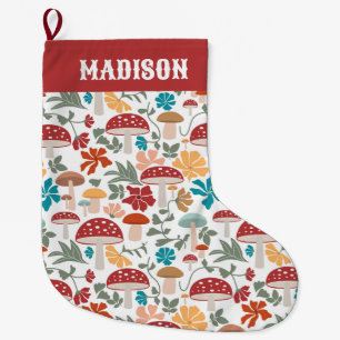 Grande Chaussette De Noël Champignons & Floral Mid Century Moderne Monogramm