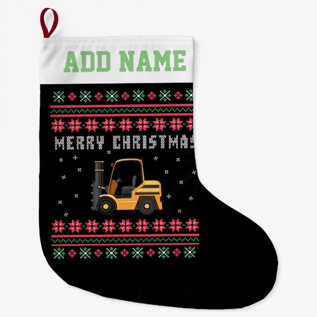 Grande Chaussette De Noël Chandail de Noël moche de chariot élévateur (Devant)