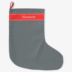 Grande Chaussette De Noël Charbon massif Gris Corail Rouge Ribbon Nom Monogr