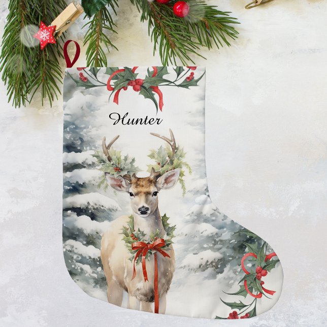 Grande Chaussette De Noël Chasseurs de Noël, Cadeau Chasseurs Parfaits ( Christmas Deer Art Stocking, Rustic Woodland)