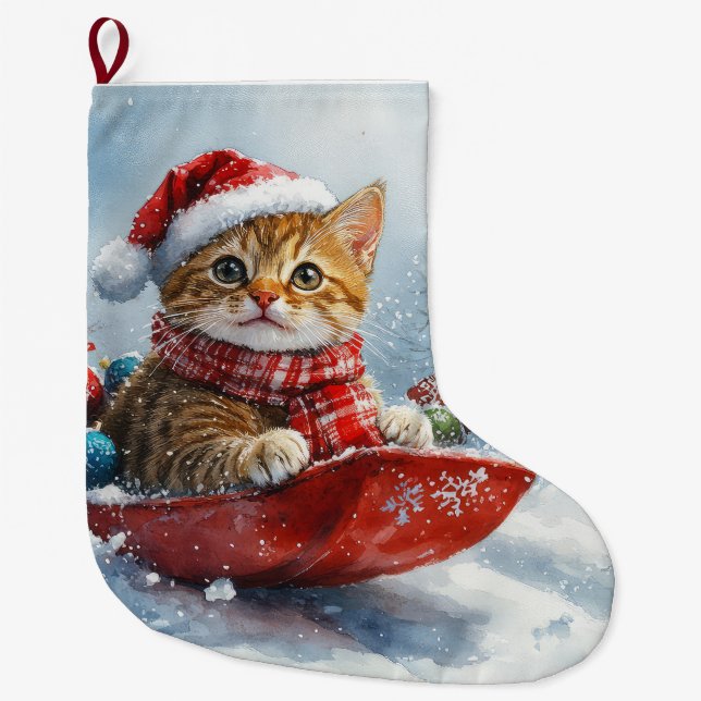 Grande Chaussette De Noël Chat abyssinien en sledge laissez-le neiger Noël (Devant)