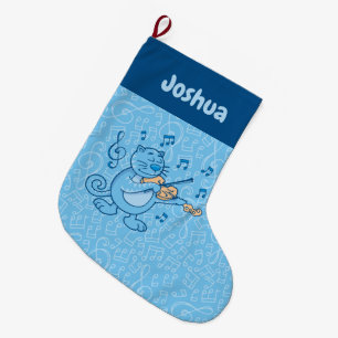 Grande Chaussette De Noël Chat Bleu avec Violon Grande réserve de Noël