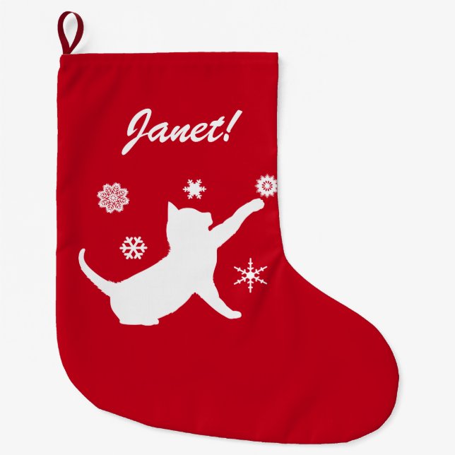 Grande Chaussette De Noël Chat jouant avec des flocons de neige en (Devant)