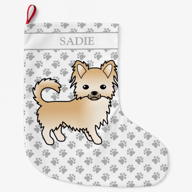 Grande Chaussette De Noël Chat long Fawn Chihuahua Dessin et nom (Devant)