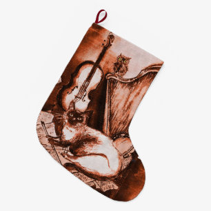GRANDE CHAUSSETTE DE NOËL CHAT MUSICAL AVEC HIBOU VIOLON ET HARPE, MARRON BL