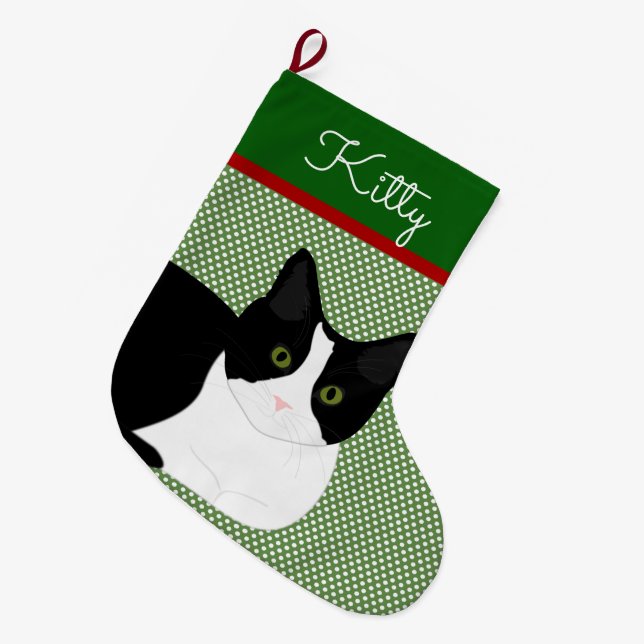 Grande Chaussette De Noël Chat Noir Et Blanc Personnalisé (Devant (Accrochage))
