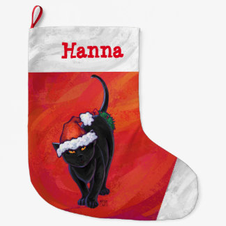 Grande Chaussette De Noël Chat noir mignon à Santa Hat sur Rouge