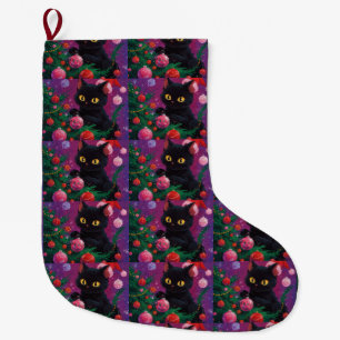 Grande Chaussette De Noël Chaton noir mignon et sapin de Noël