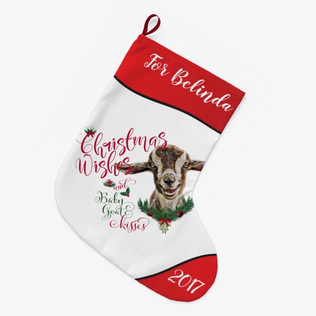 Grande Chaussette De Noël CHÈQUE | Souhaits de Noël Bébé Chèvre Baisers Basc (Devant (Accrochage))