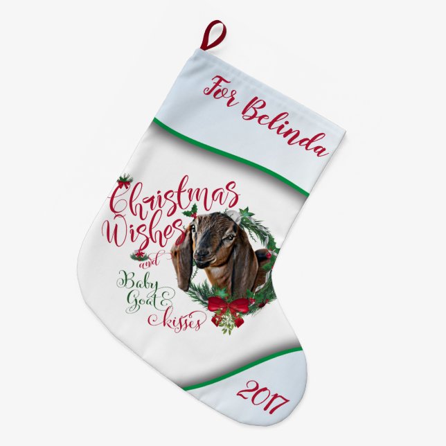 Grande Chaussette De Noël CHÈQUE | voeux de Noël Bébé Chèvre Baisers Nubian  (Devant (Accrochage))