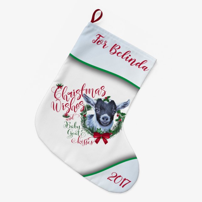Grande Chaussette De Noël CHÈQUE | voeux de Noël Bébé Chèvre Baisers Pygmée (Devant (Accrochage))