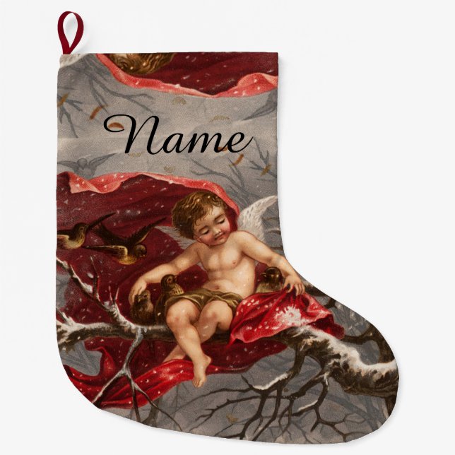 GRANDE CHAUSSETTE DE NOËL CHERUBE À FEU SUR ARBRE D'HIVER AVEC OISEAUX (Devant)