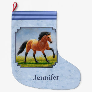 Grande Chaussette De Noël Cheval Buckskin courant bleu clair