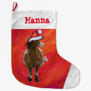 Grande Chaussette De Noël Cheval CuteAppaloosa à Santa Hat sur Rouge
