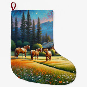 Grande Chaussette De Noël Cheval dans la prairie de fleurs sauvages de la fe
